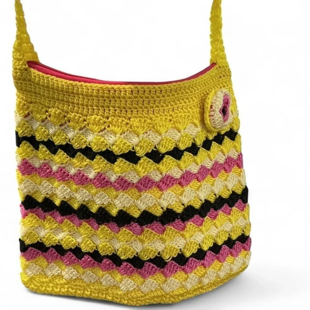 Unbranded‎ Crochet Crossbody Bag Womens Medium Yellow Pink Excellent Boho Shell